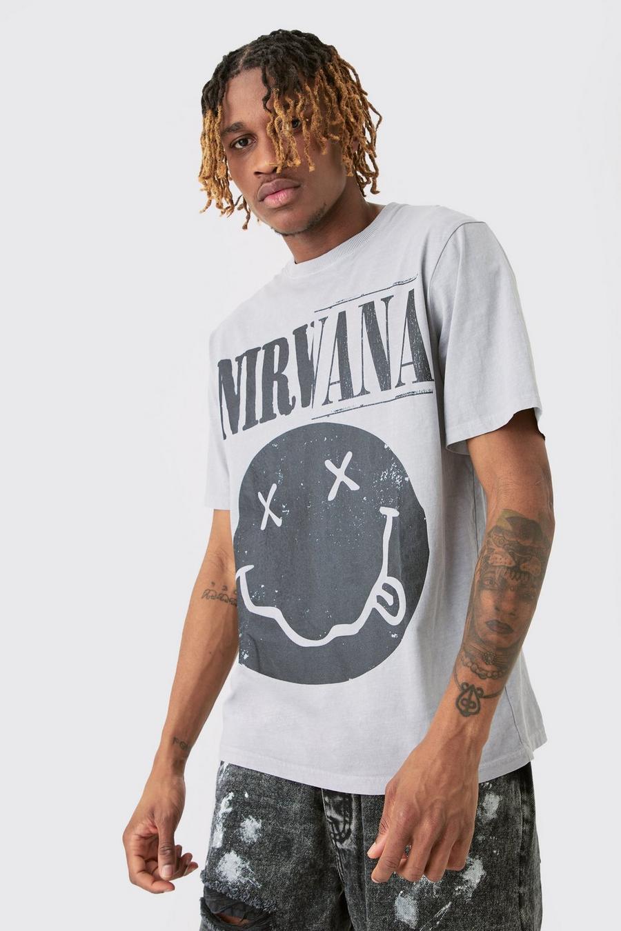 Grey Tall Overdye Gelicenseerd Nirvana Smiley T-Shirt image number 1