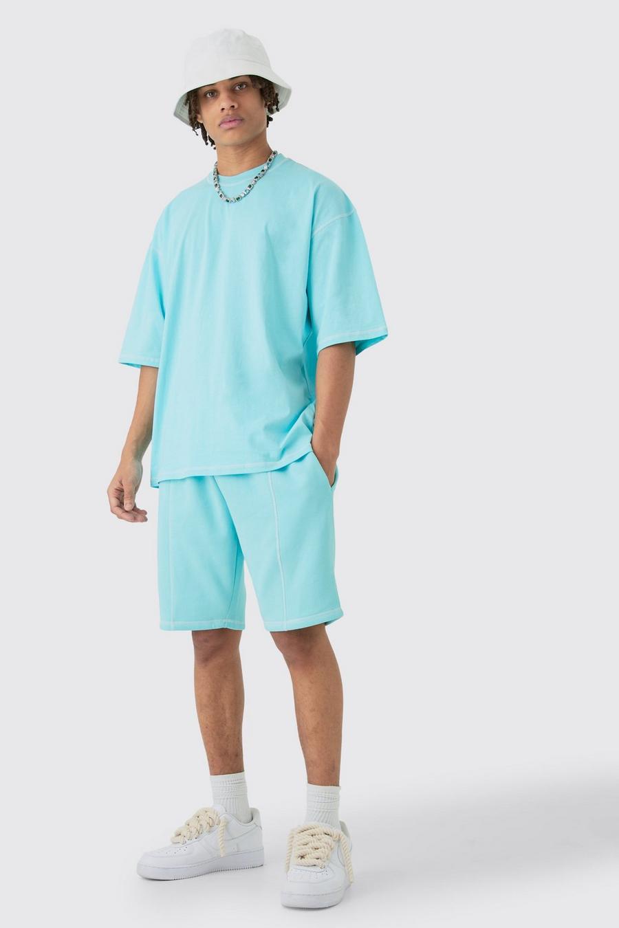 Oversize T-Shirt mit Kontrast-Naht & Shorts, Light blue image number 1