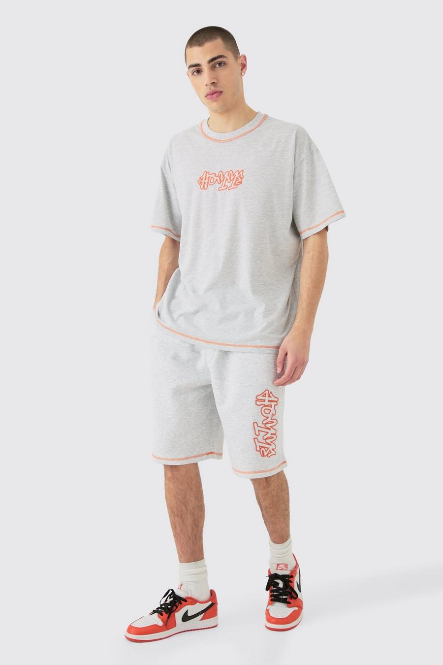 Set T-shirt oversize con cuciture a contrasto e applique & pantaloncini, Ash grey