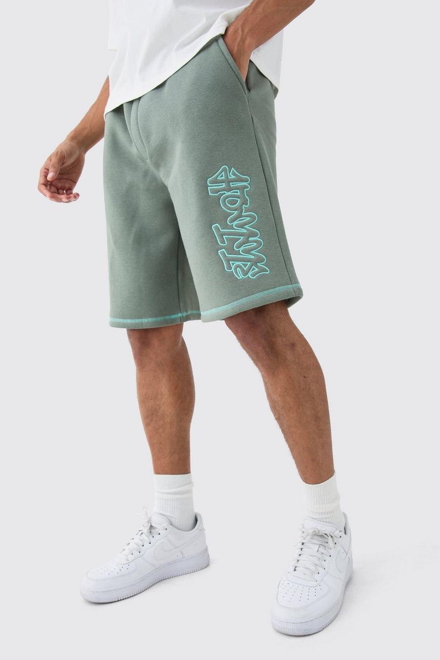 Green Oversized Contrast Stitch Applique Shorts image number 1