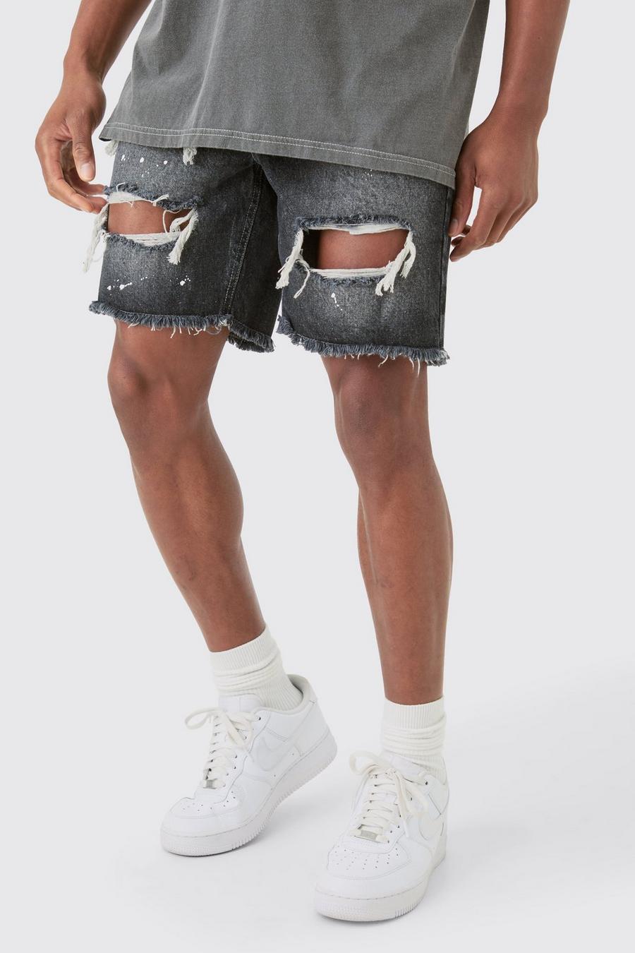 Pantalones cortos vaqueros ajustados sin tratar rotos con salpicaduras de pintura en gris, Grey image number 1