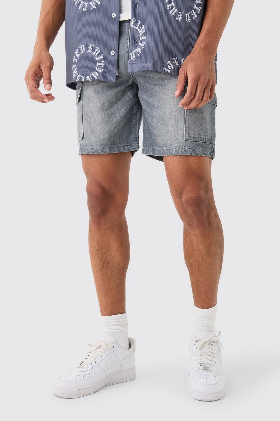 Slim Rigid Cargo Denim Shorts In Grey