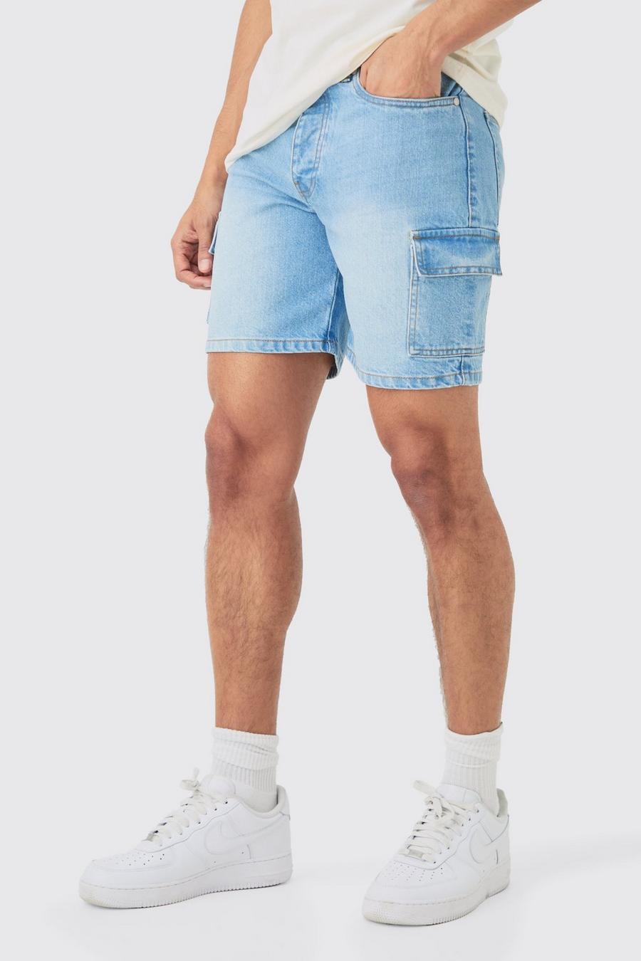 Pantalones cortos vaqueros cargo ajustados sin tratar en azul claro, Light blue image number 1