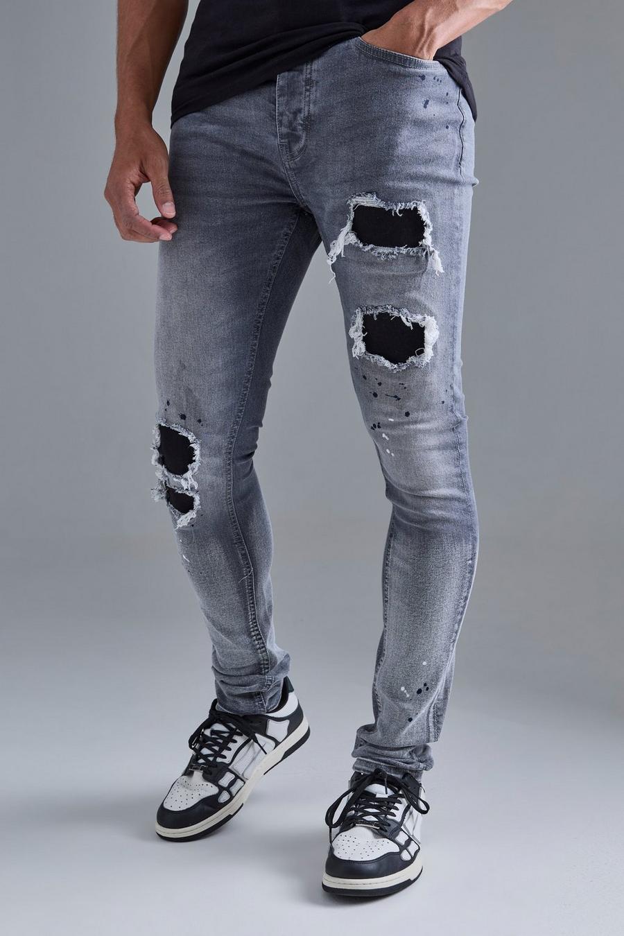 Super Skinny Stretched Stacked Rip & Repair Jean In Mid Grey