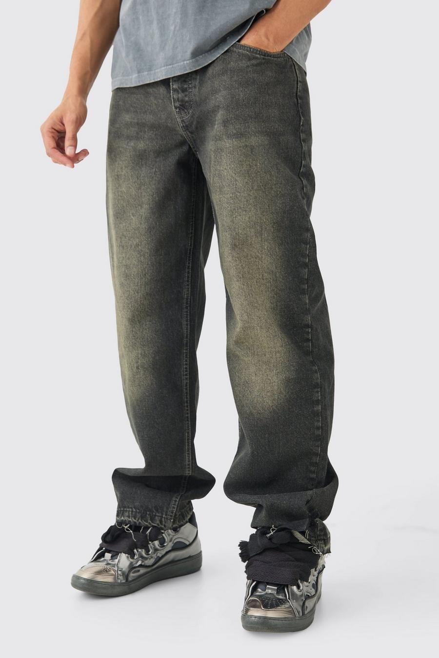 Jeans extra comodi grigi in denim rigido con fondo smagliato, Grey