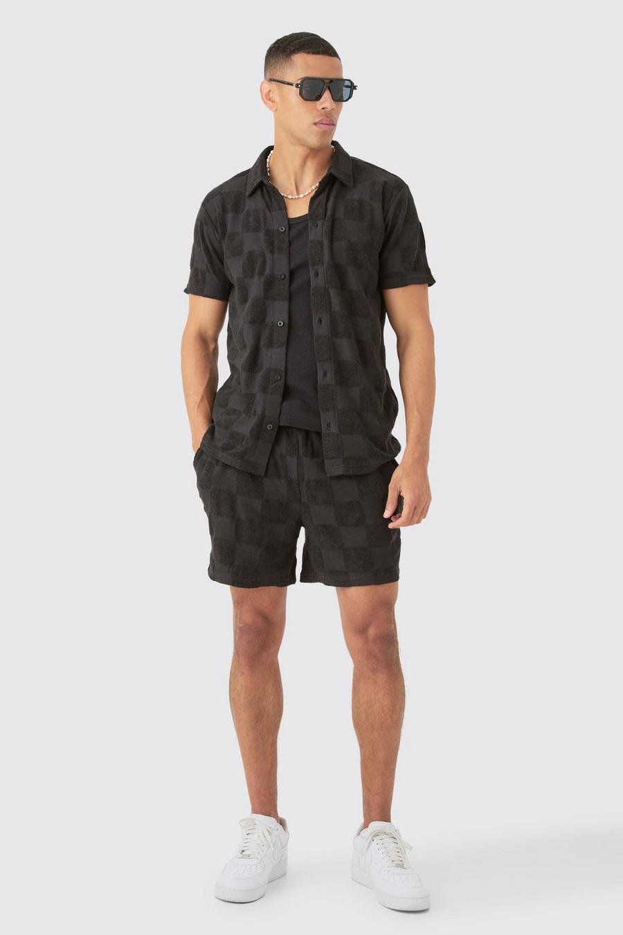 Black Towelling Checkerboard Shirt & Short Set