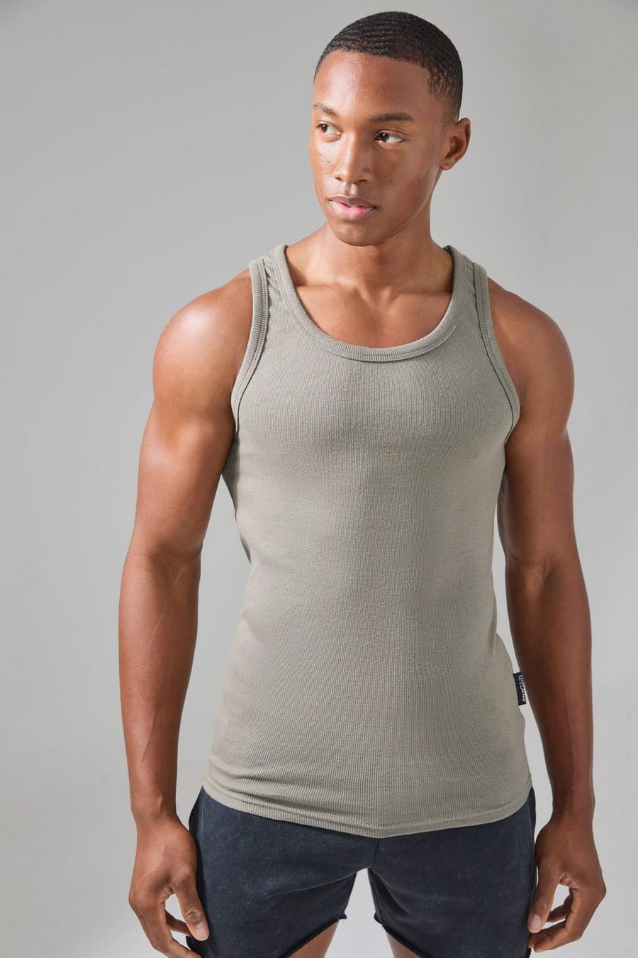 Khaki Man Active Gym Muscle Fit Ribbed Vest image number 1