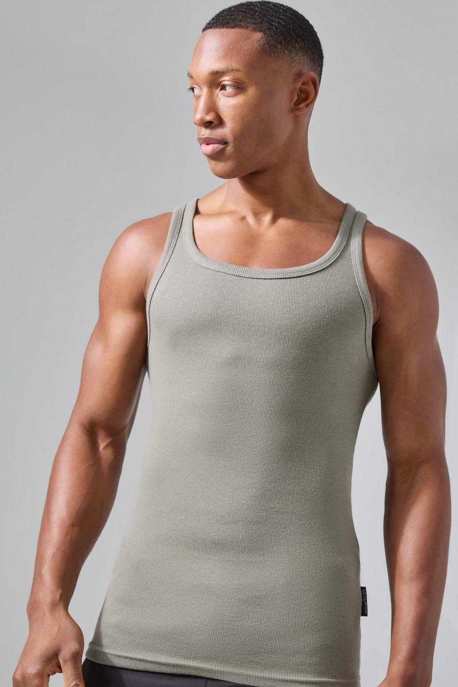 Khaki Man Active Gym Muscle Fit Ribbed Vest