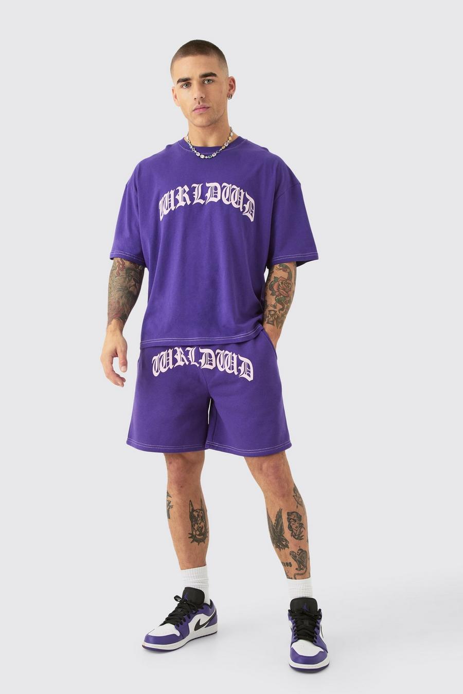 Set T-shirt squadrata oversize con stampa a caratteri arrotondati e cuciture a contrasto & pantaloncini, Purple