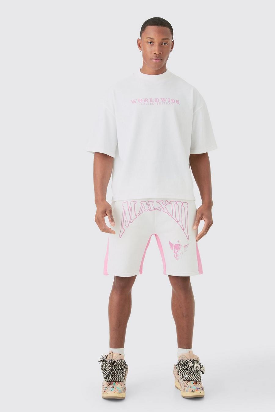 Set T-shirt squadrata oversize con cuciture a contrasto ricamate & pantaloncini, Ecru