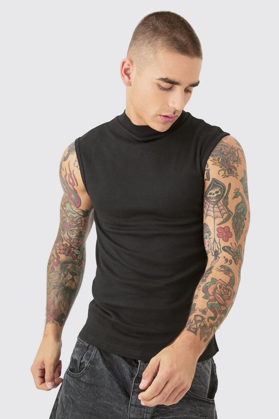 Camiseta sin mangas ajustada ajustada al músculo con cuello extendido, Black