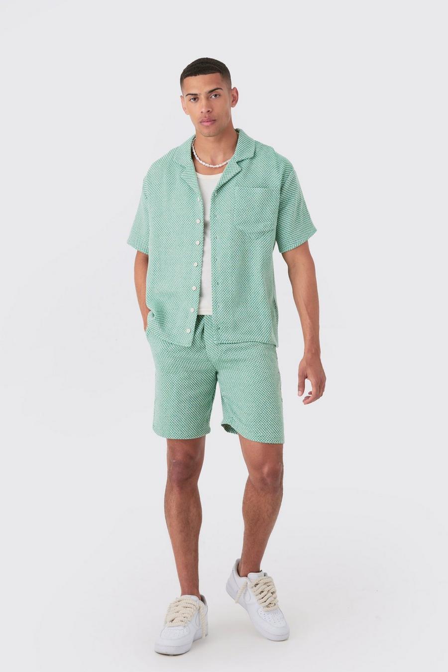 Set camicia squadrata a maniche corte in tessuto traforato & pantaloncini, Green