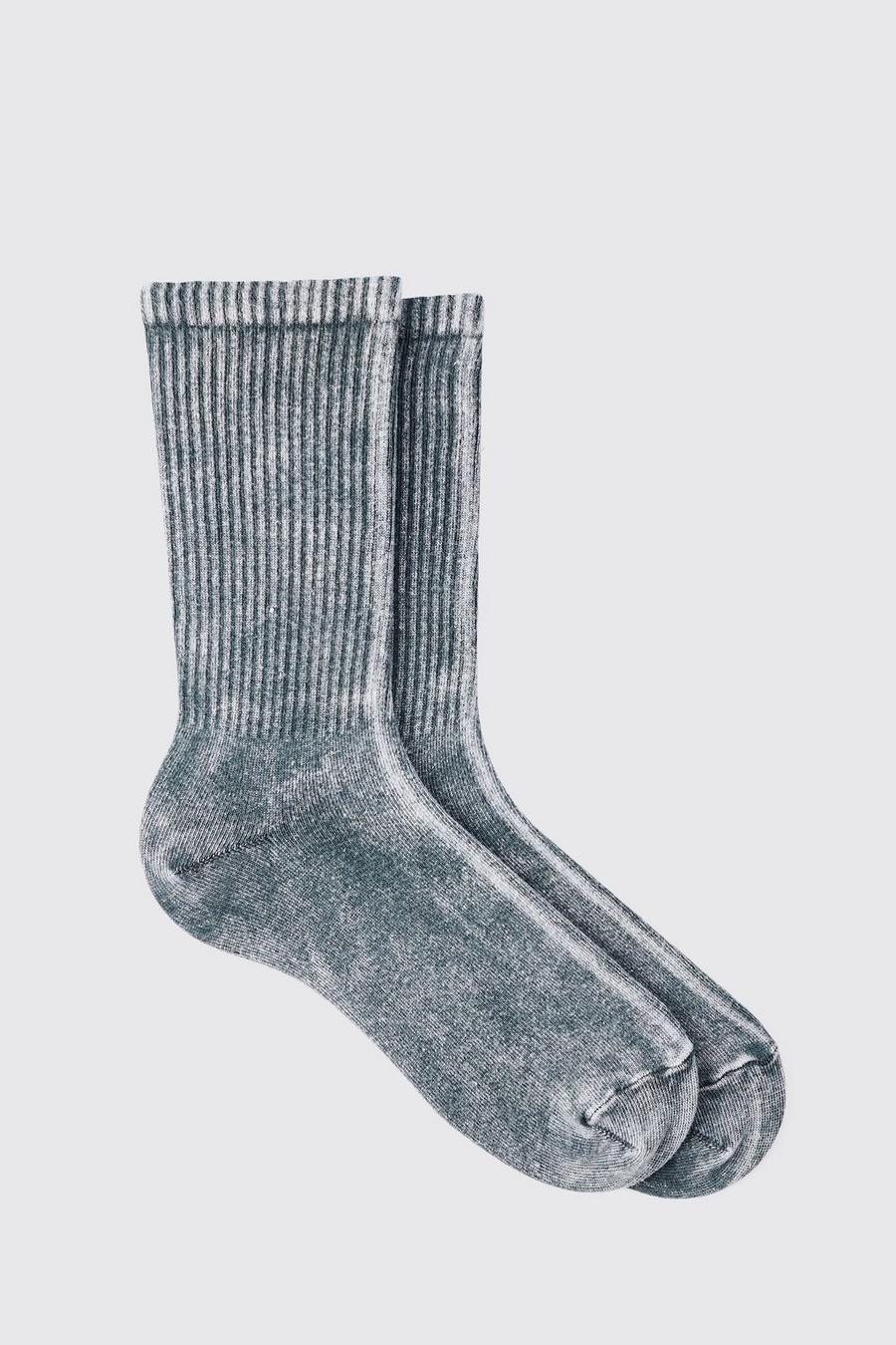 Acid Wash Plain Ribbed Sports Socks In Charcoal image number 1