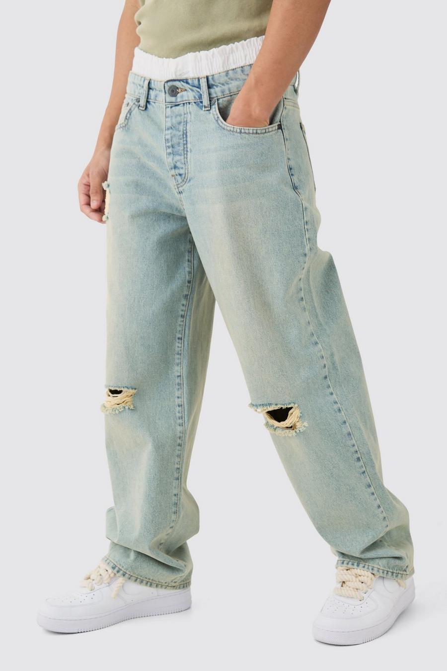 Jeans Boxer extra comodi in denim rigido blu antico con fascia in vita e strappi sul ginocchio, Antique blue image number 1