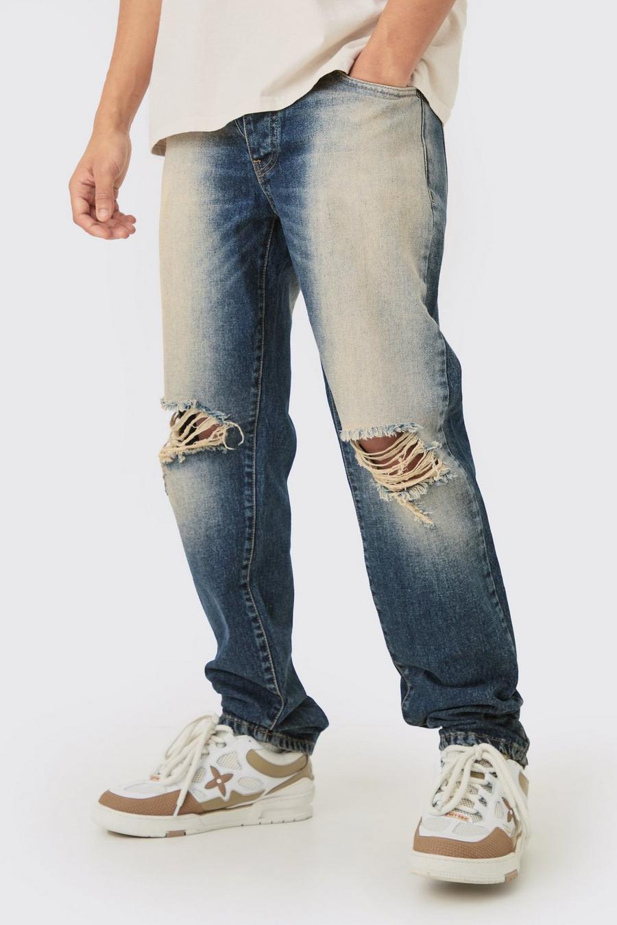 Blaue gerade Jeans mit Riss am Knie, Blue image number 1