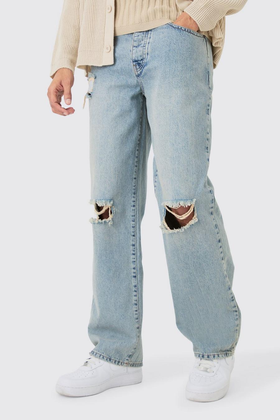 Jeans extra comodi in denim rigido slavato con strappi sul ginocchio, Light blue