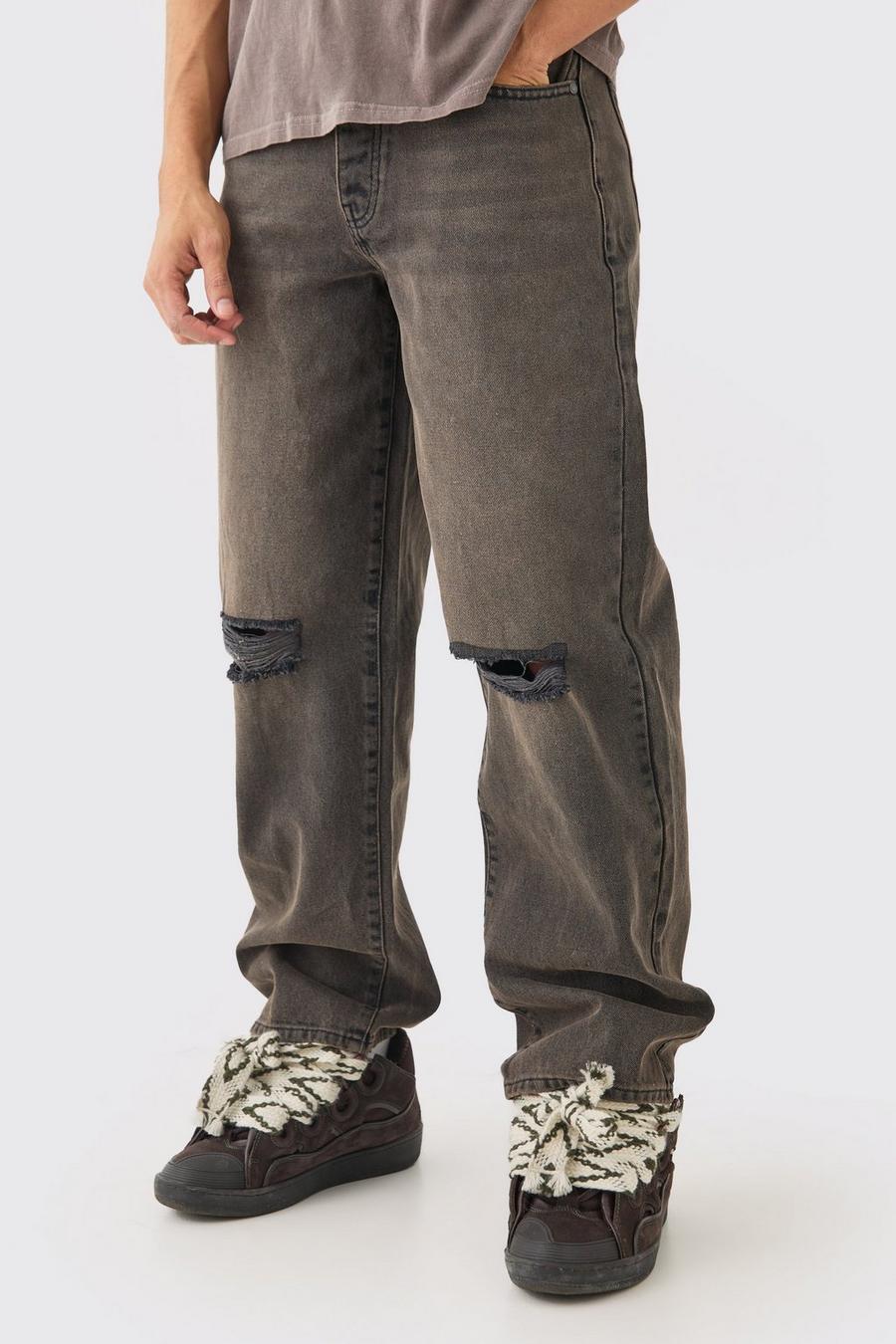 Jeans extra comodi in denim rigido slavato con strappi sul ginocchio, Brown