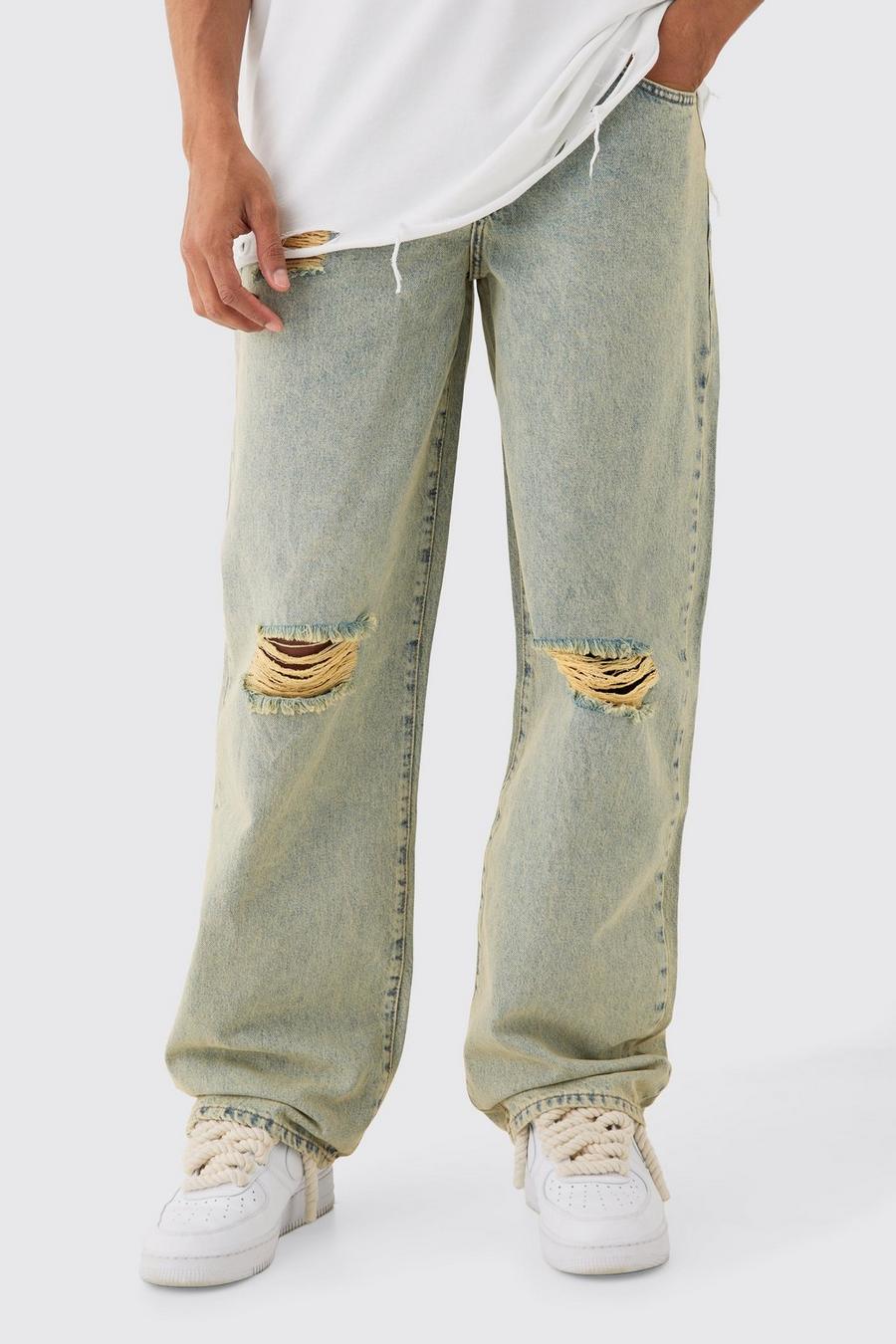 Jeans extra comodi in denim rigido in tinta verde con strappi sul ginocchio, Green image number 1