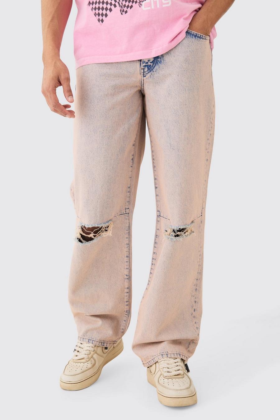 Baggy Rigid Pink Tint Slit Knee Jeans image number 1
