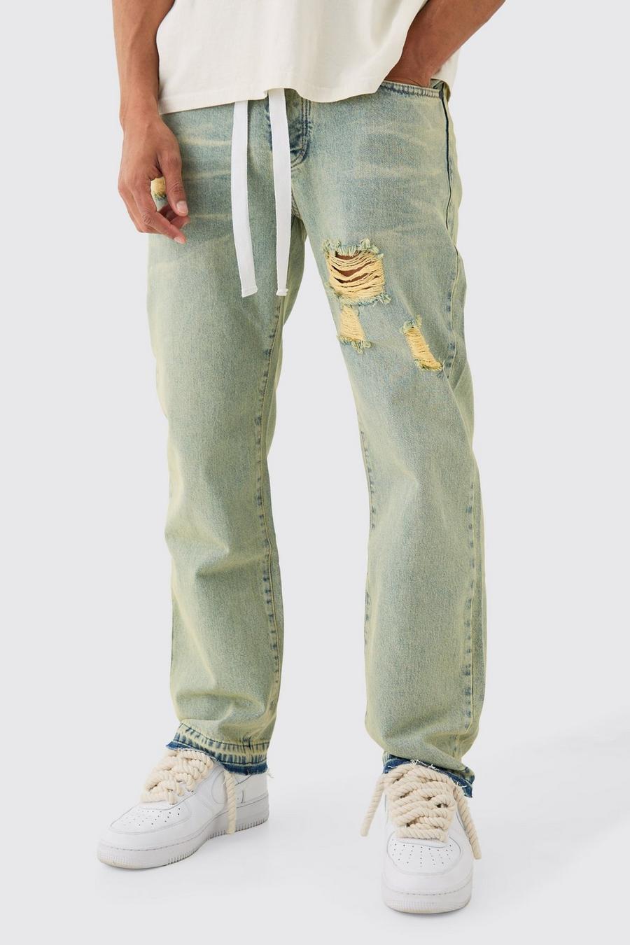 Relaxed Rigid Ripped Let Down Hem Jeans With Extended Drawcords In Green Wash