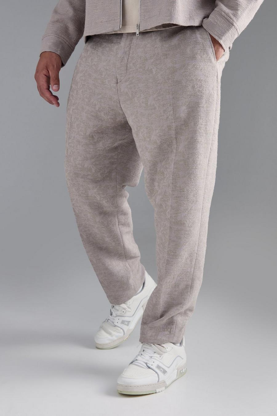 Taupe Plus Textured Cotton Jacquard Smart Tapered Trousers  image number 1