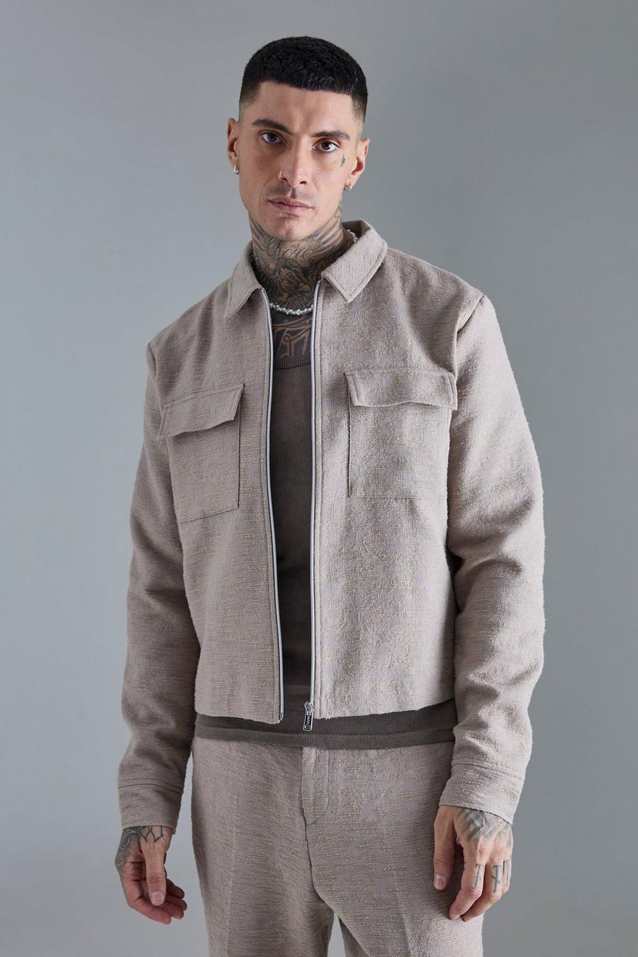 Taupe Tall Textured Cotton Jacquard Smart Harrington  Jacket 