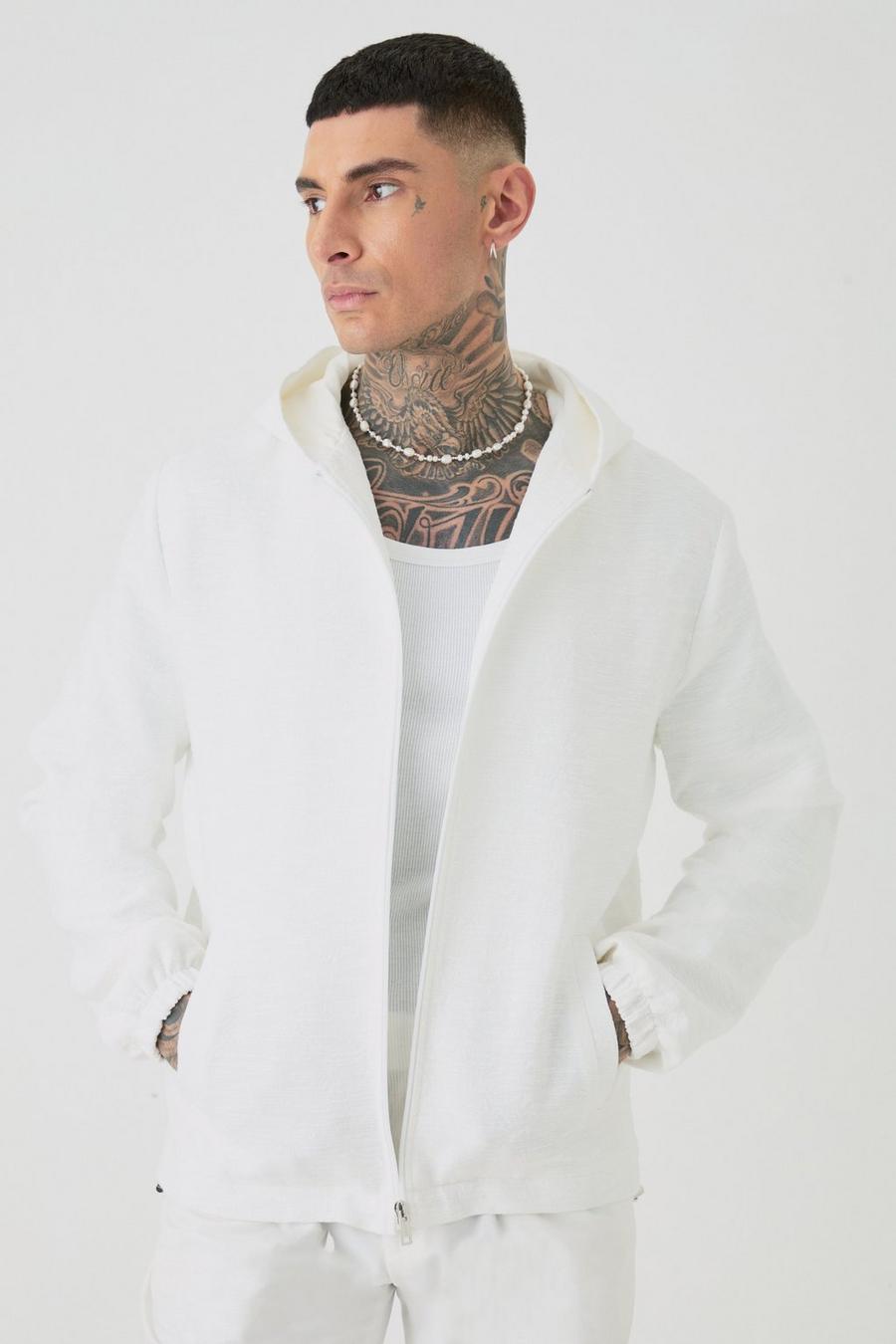 White Tall Textured Cotton Jacquard Smart Hooded Jacket 