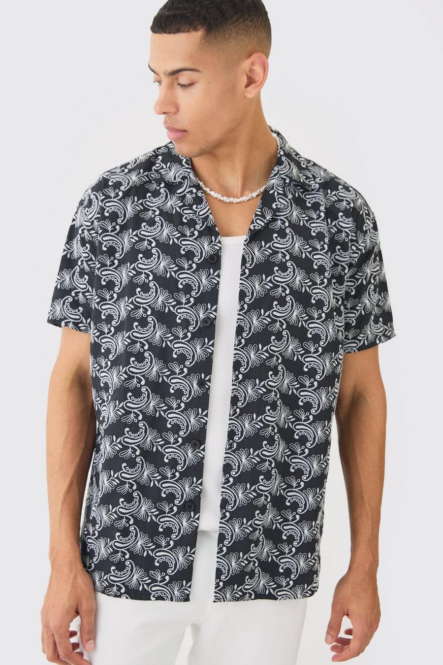 Black Short Sleeve Revere Oversized Embroidered Geo Shirt