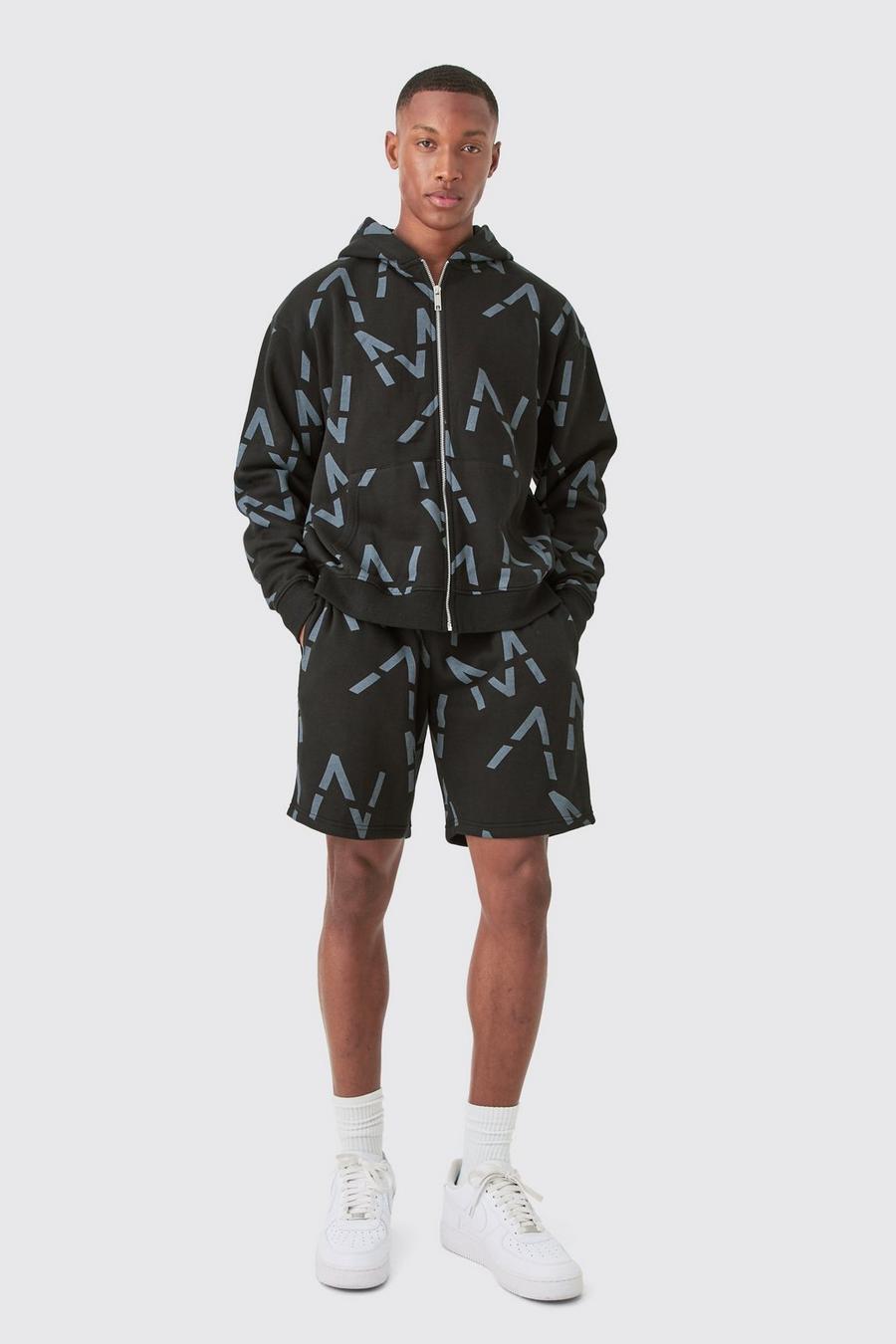 Black  Oversized Boxy Man All Over Print Zip Hoodie Short Tracksuit