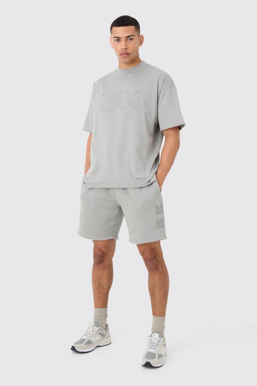 Grey  Boxy Man Distressed T-Shirt & Shorts Set