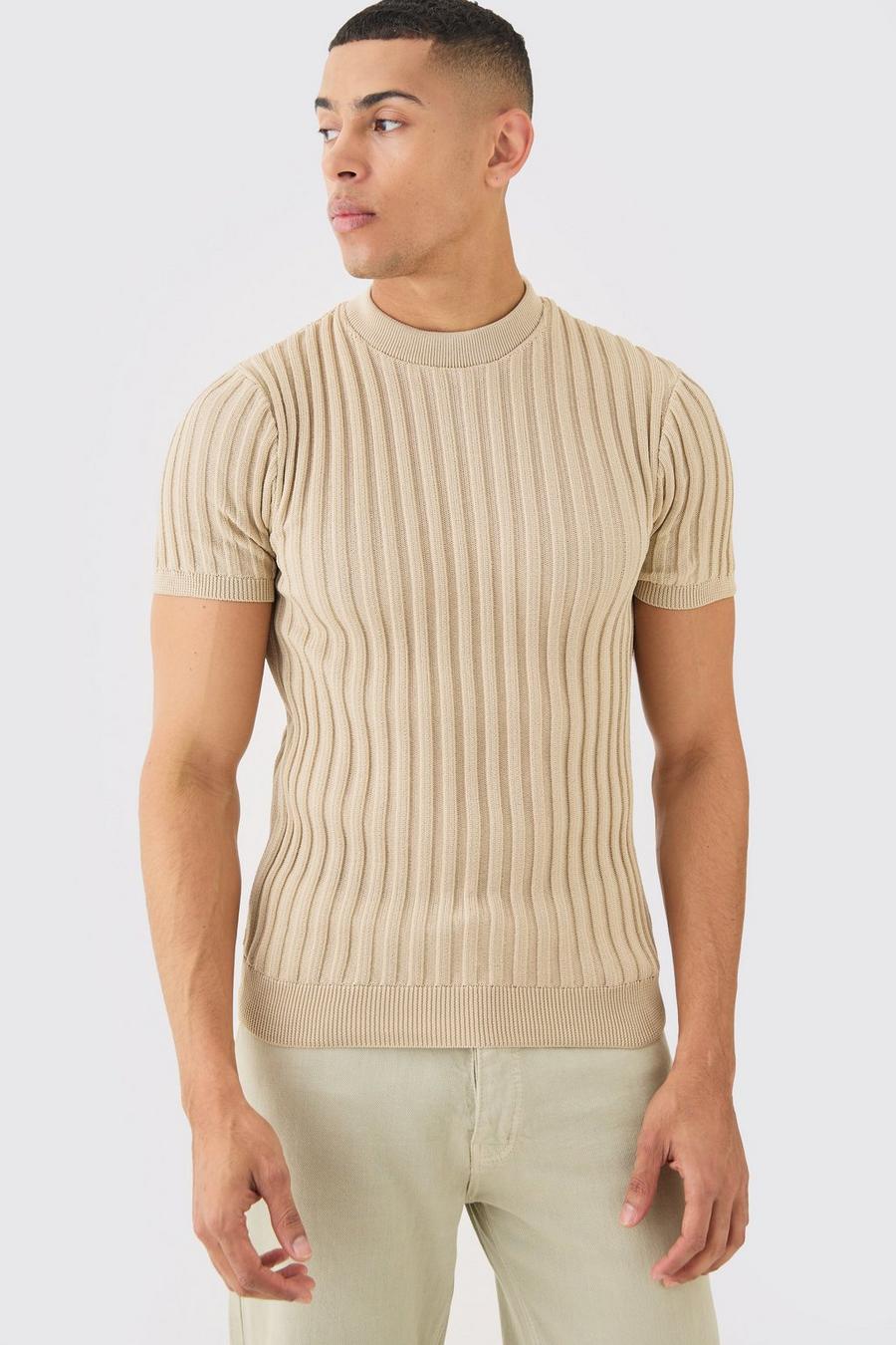 Stone Muscle Fit Ribbed Knit T-shirt
