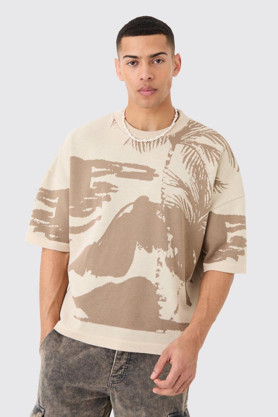 T-shirt oversize in maglia tono su tono con grafica di paesaggio, Stone image number 1