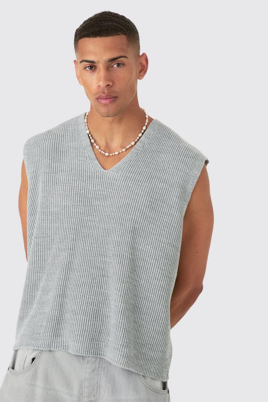 Light grey Boxy Ribbed V Neck Sweater Vest image number 1