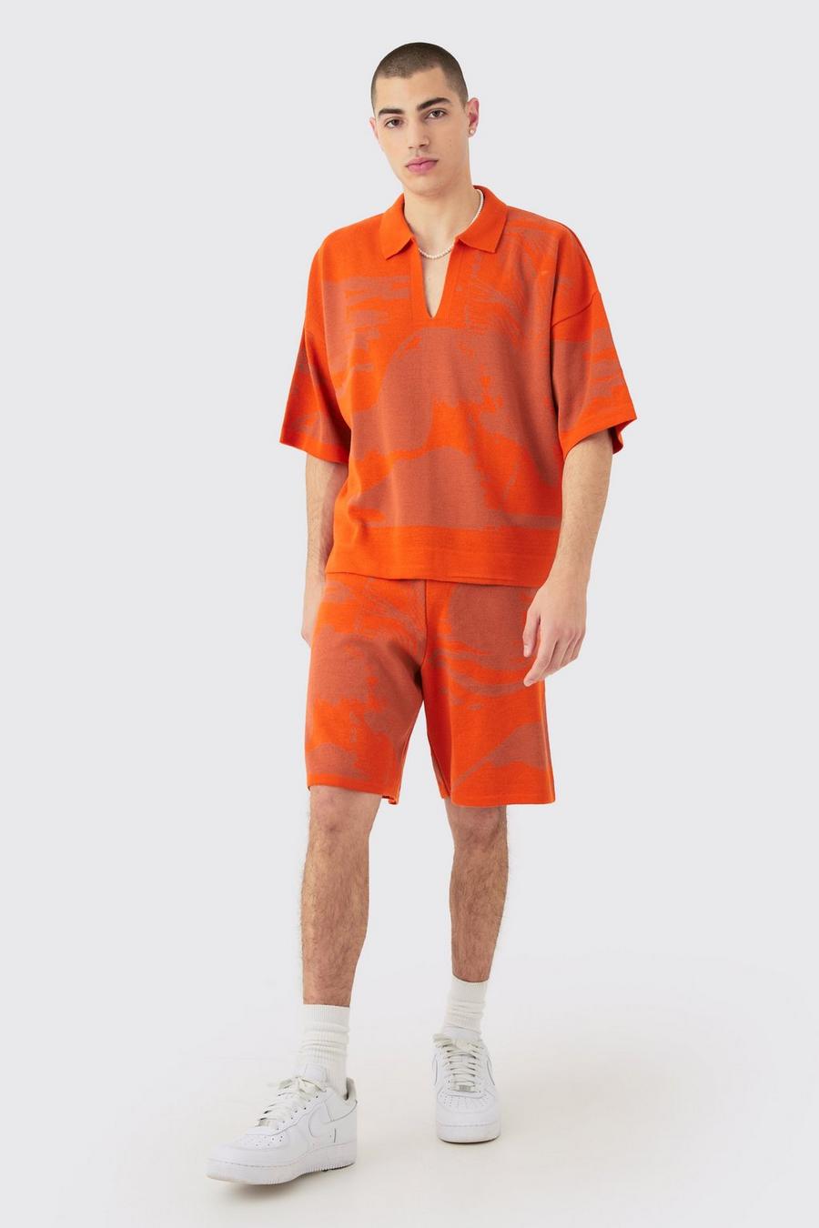 Conjunto de pantalón corto y polo recto con estampado de paisaje, Orange image number 1