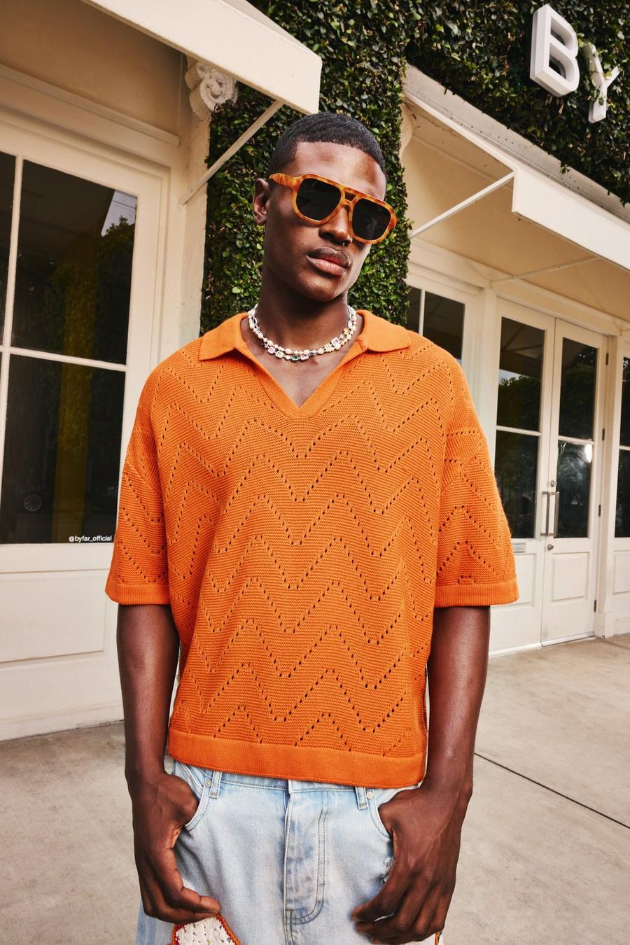 Orange Boxy Short Sleeve Ribbed Knit Polo