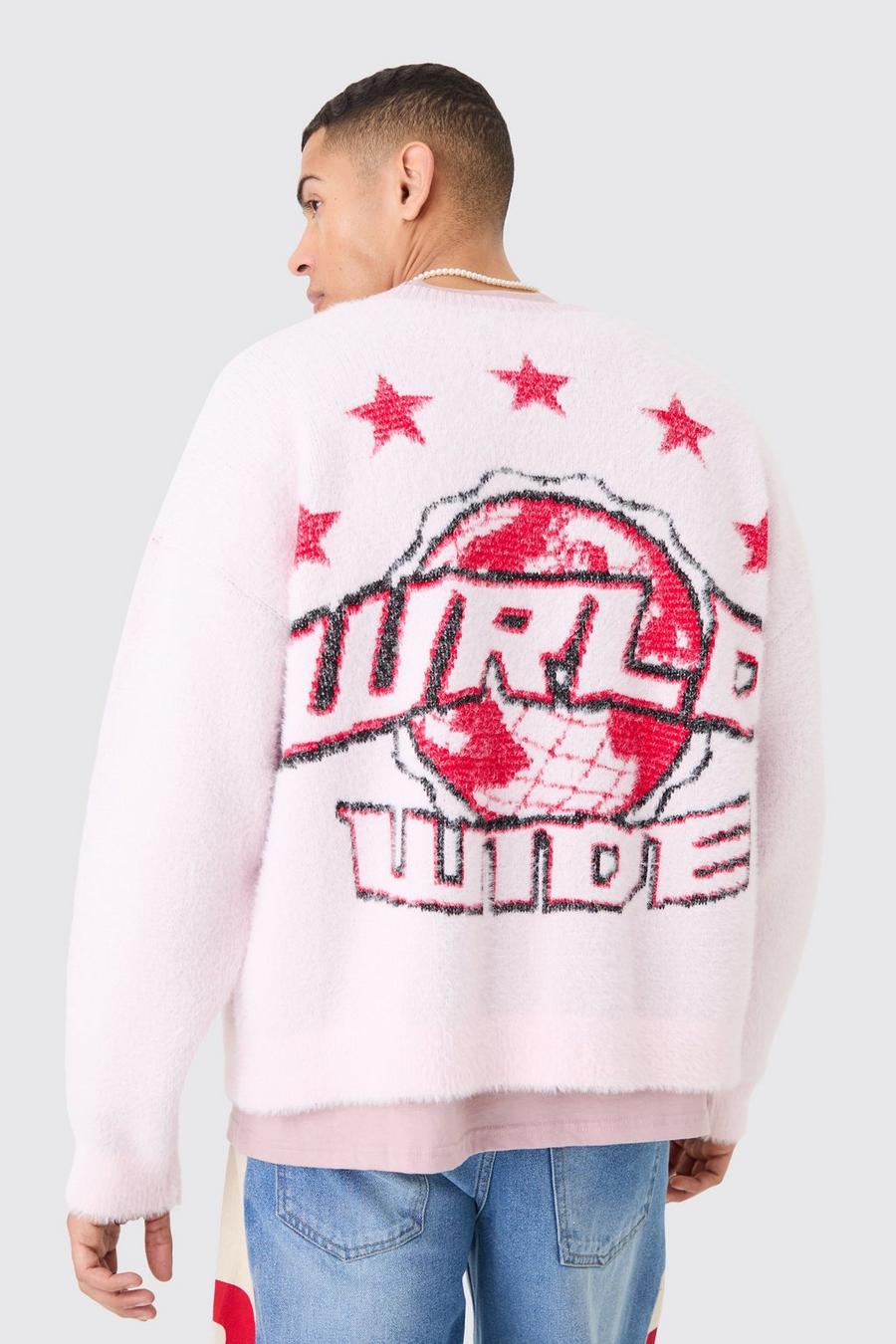 Pink Oversized Boxy Brushed Varsity Knit Cardigan 