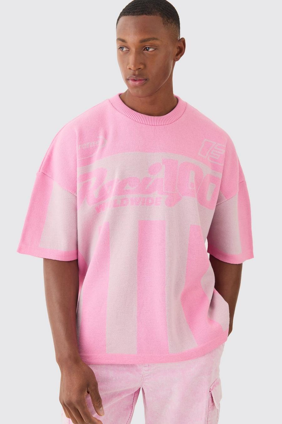Gestricktes Oversize T-Shirt mit Moto-Streifen, Pink