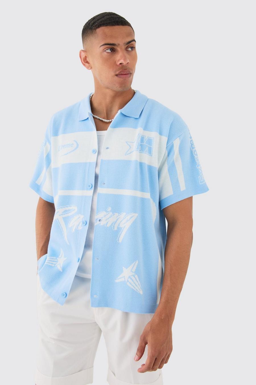 Light blue Oversize stickad skjorta i boxig modell