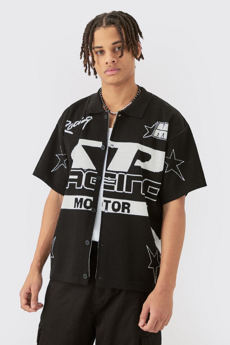 Black Boxy Fit Knitted Moto Shirt