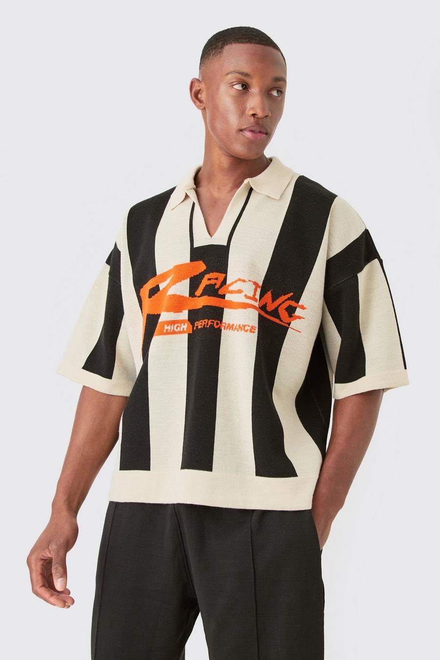Kastiges Strick-Poloshirt mit Streifen, Black