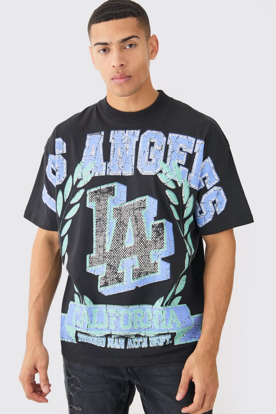 Black Oversized Over Seams Varsity Graphic T-shirt