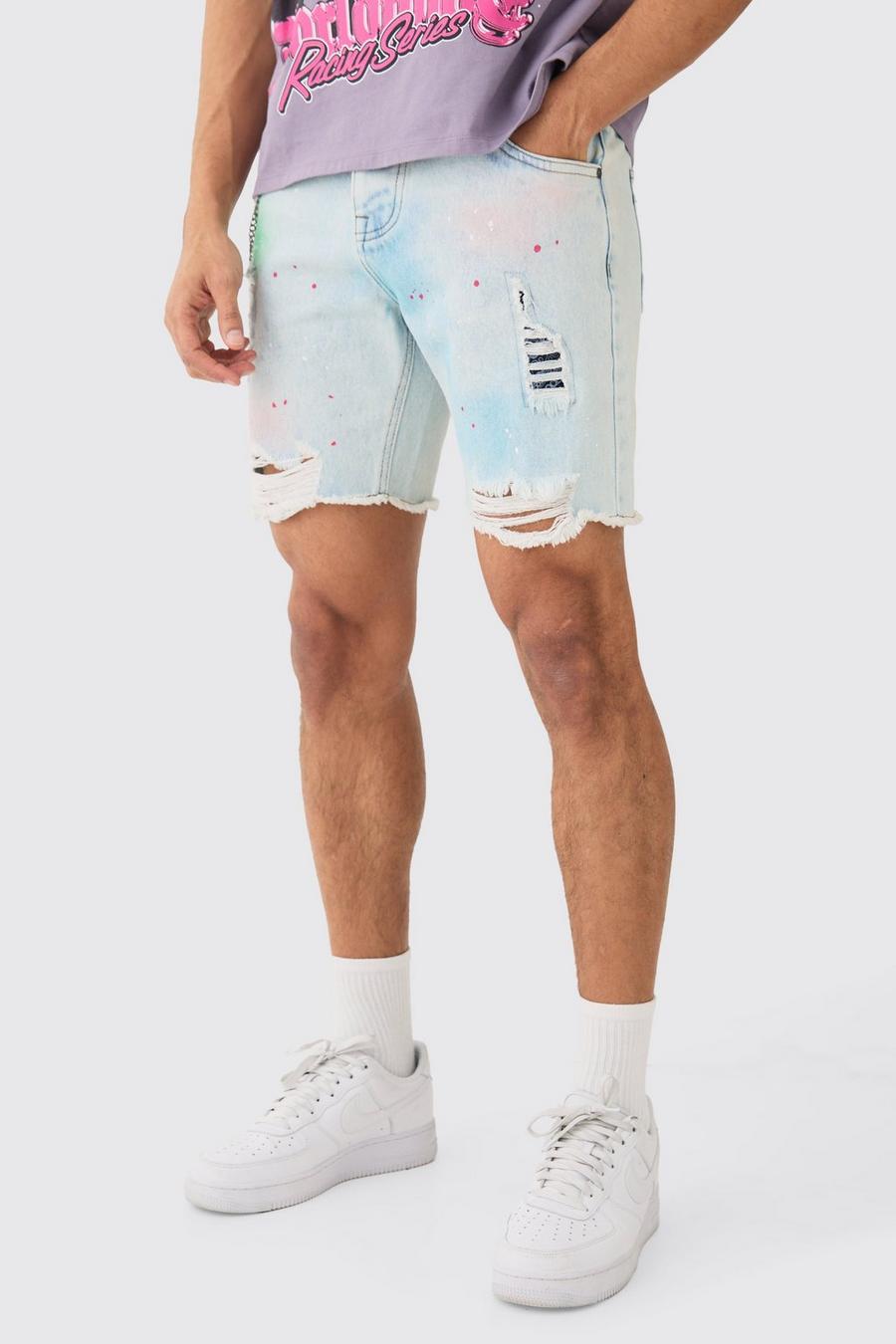 Skinny Ripped Paint Splatter Denim Shorts In Light Blue