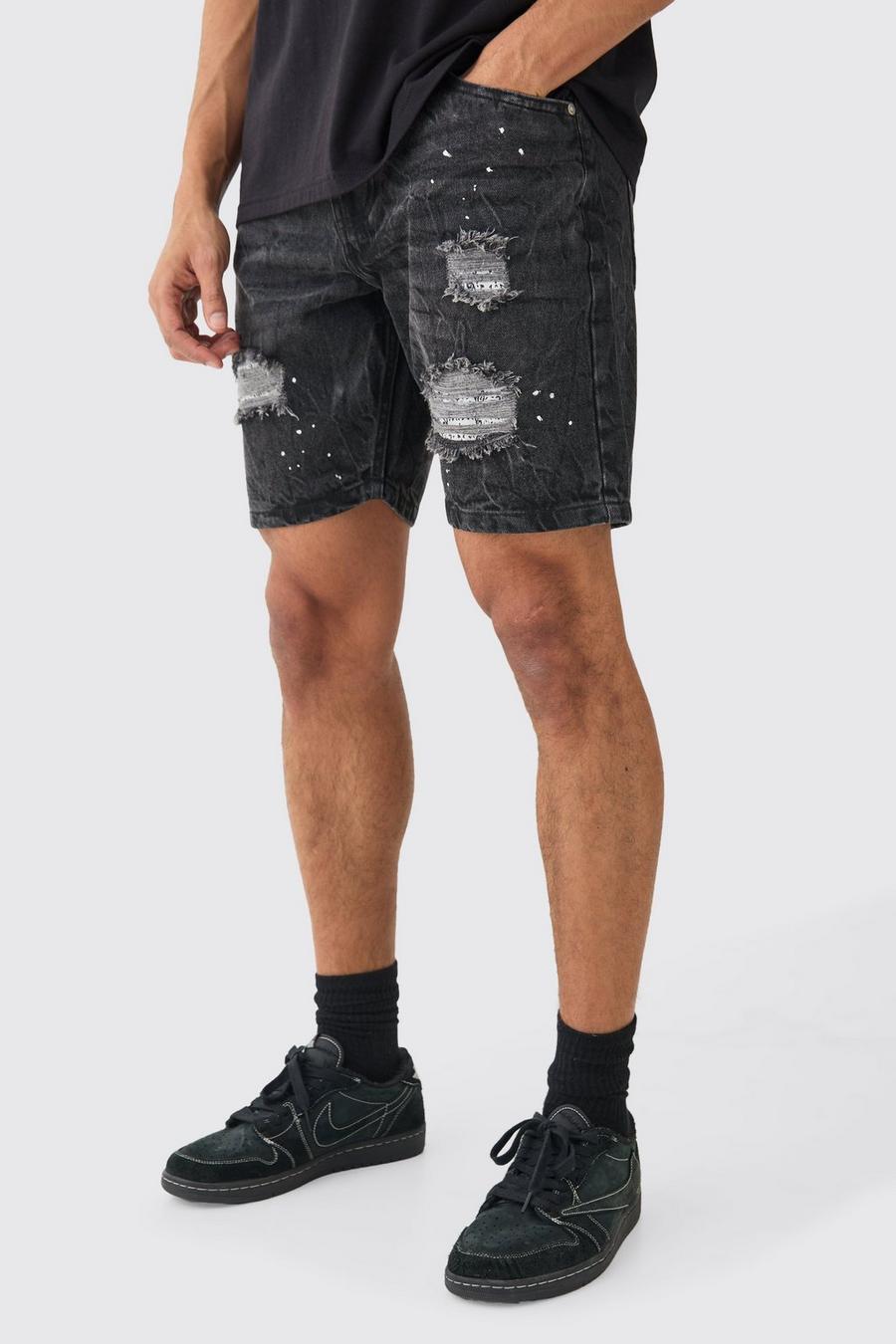 Relaxed Fit Ripped Crinkle Denim Shorts In Black