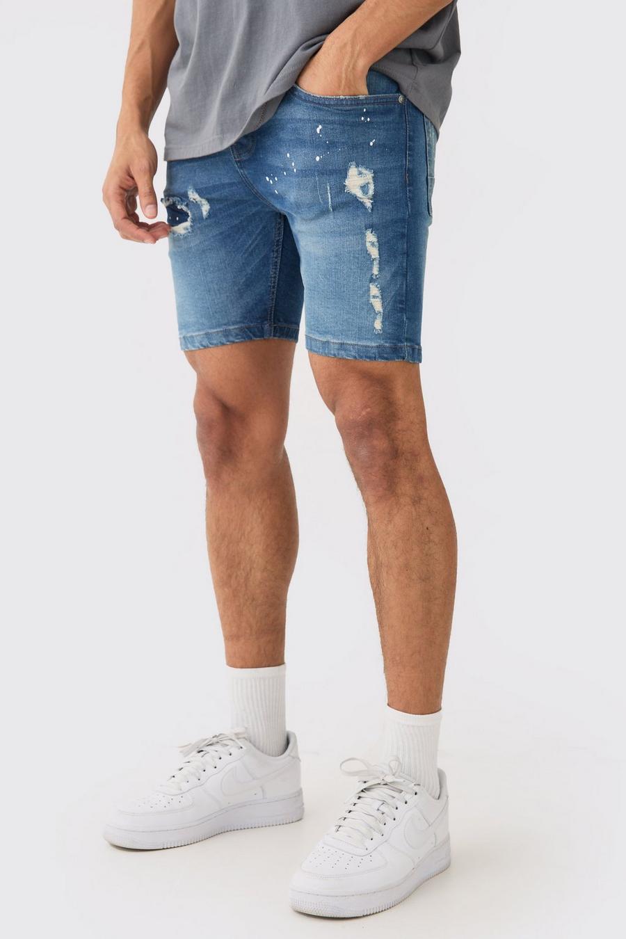 Mid blue Skinny Ripped Denim Shorts In Blue Wash image number 1