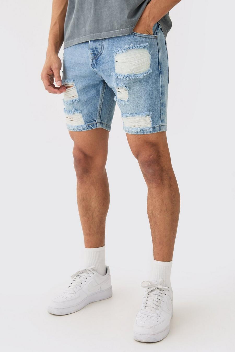 Skinny Ripped Denim Shorts In Light Blue image number 1