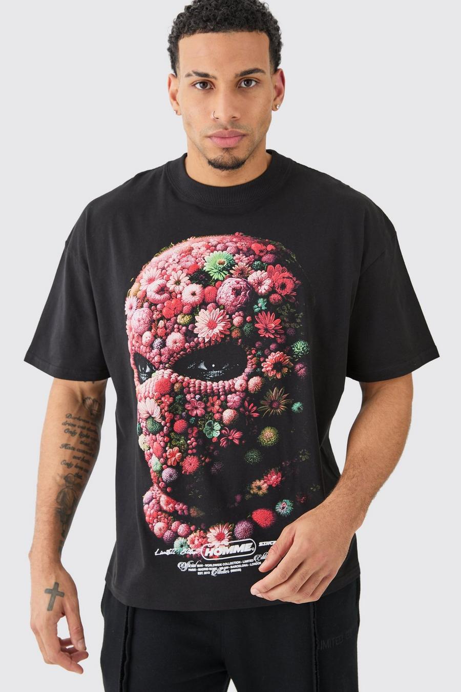 Camiseta oversize con estampado de flores y máscara, Black