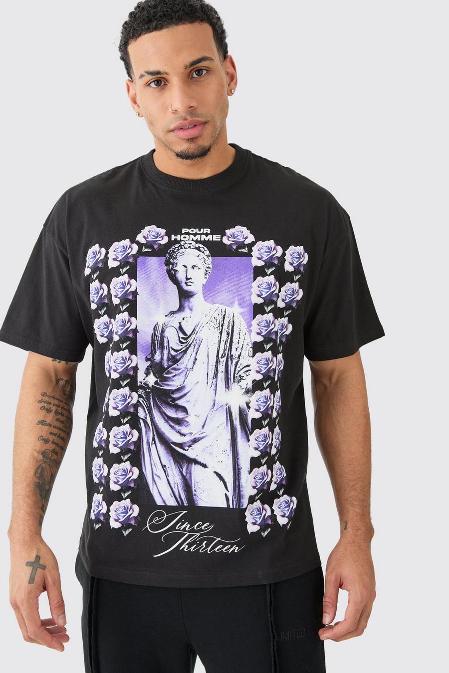 Black Oversized Floral Statue Graphic T-shirt
