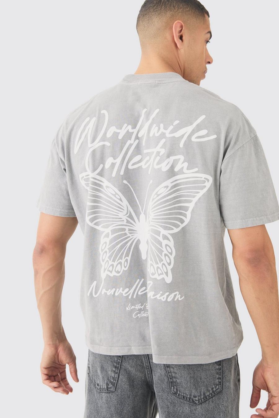 T-shirt oversize slavata con grafica di farfalle, Grey