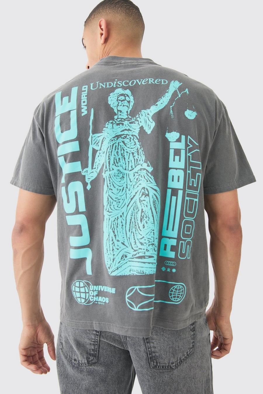 Camiseta oversize con estampado Justice desteñido, Charcoal image number 1