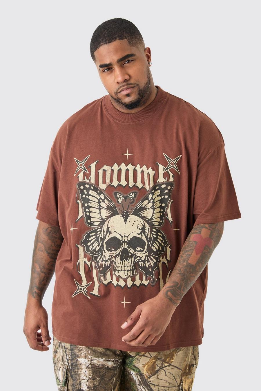 Plus Oversize T-Shirt mit Homme Totenkopf Print, Chocolate image number 1